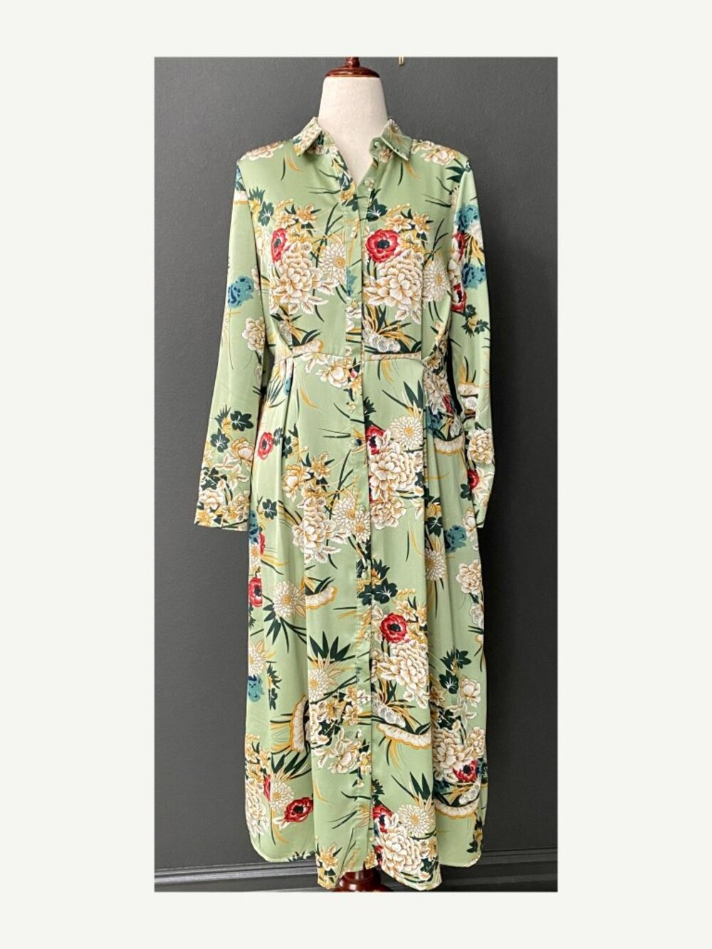 Jowell Green Floral Button Front Midi Dress Size L NWT